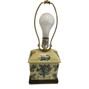 Vintage Blue & White Porcelain Lamp With Crest Motif on Brass Base, 1960s–1970s