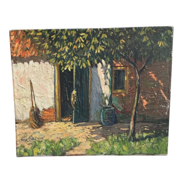 Rustic Courtyard Scene Oil Painting by Nean Gallé, Mid-20th Century For Sale