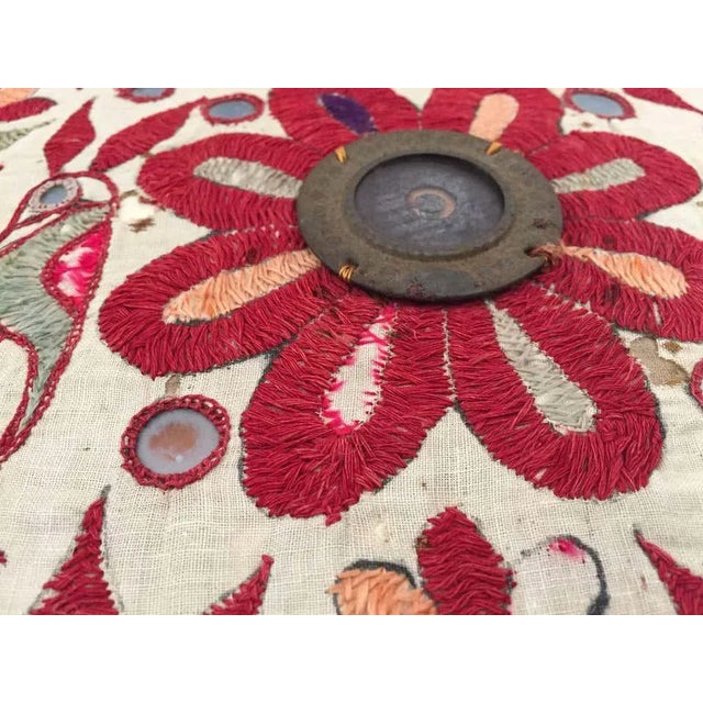 19th Century Rajasthani Silk Embroidered Mirrorwork Pillow With Birds and Flowers For Sale - Image 10 of 11