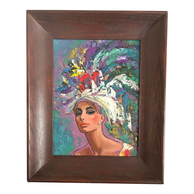 Original 1960’s Impressionist Portrait of Las Vegas Showgirl Oil Painting on Panel For Sale