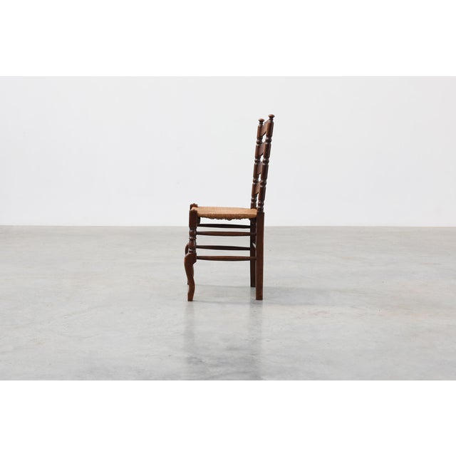 Rustic Oak Ladder-Back Chair with Rush Seat and Cabriole Front Legs, France, 1900s For Sale - Image 4 of 14