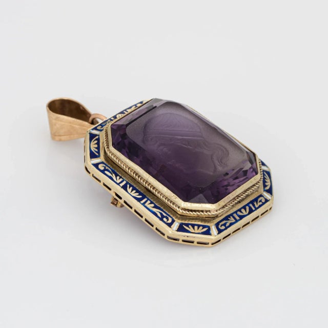 Art Deco Vintage Art Deco Amethyst Intaglio Pendant Enamel 14k Yellow Gold Carved For Sale - Image 3 of 4