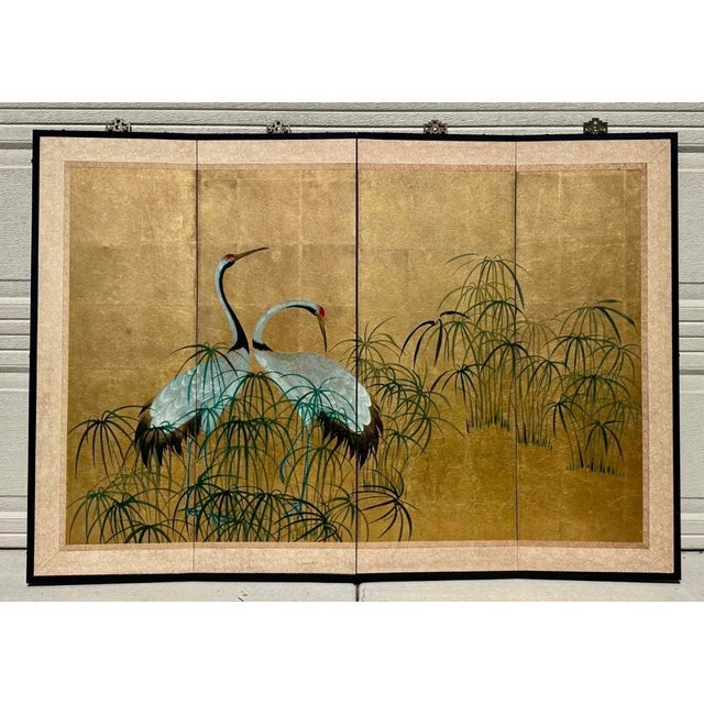 Early 20th Century Japanese Four-Fold Byobu Screen With Cranes and Young Bamboo For Sale - Image 14 of 18