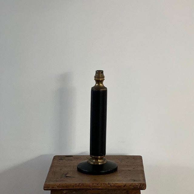 Mid-Century French Black Leather and Brass Table Lamp For Sale - Image 12 of 15
