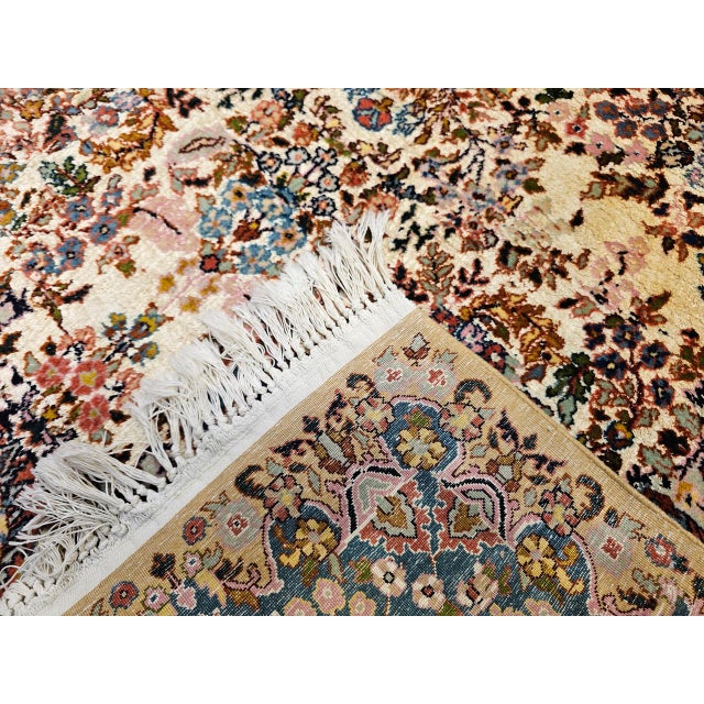 Vintage Persian Kerman Lavar Rug, Hand-Knotted Wool & Silk, Allover Floral Pattern, Ivory & Blue, 4x7 For Sale - Image 17 of 17