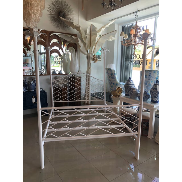 Vintage Chinese Chippendale Palm Tree Leaf Metal Four Poster Queen Full Size Bed