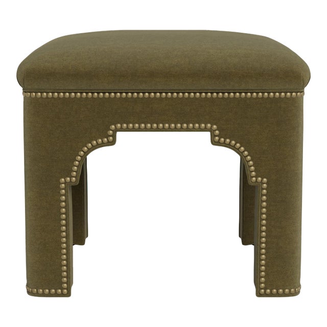 Bunny Williams Home Taj Stool in Moss Performance Velvet with French Brass Nail Heads For Sale