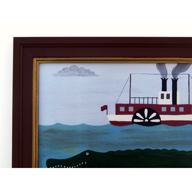 Matt Rix, Naïve Style River Scene with Alligator and Paddle Steamer, Print, Framed For Sale - Image 4 of 10