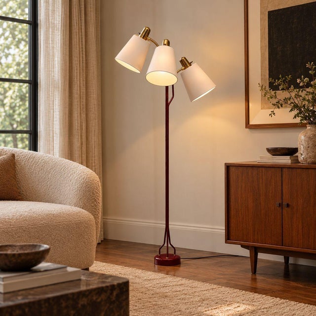 Eskilstuna Elektrofabrik AB, Swedish Mid-Century Modern, Three-Light Floor Lamp, Red Lacquered Metal, Brass, Sweden, 1960s...