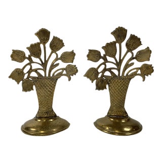 Brass Tulip Basket Bookends, a Pair For Sale