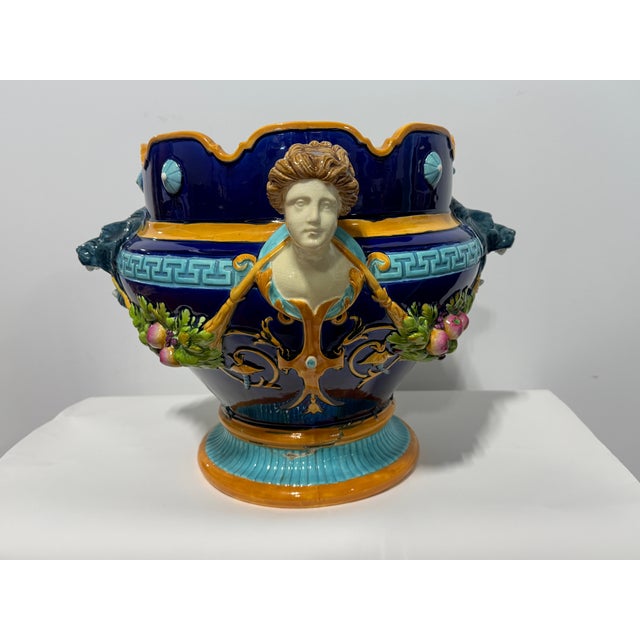 English English Wedgwood Majolica Lion & Maiden Handled Jardiniere, 19th Century For Sale - Image 3 of 16