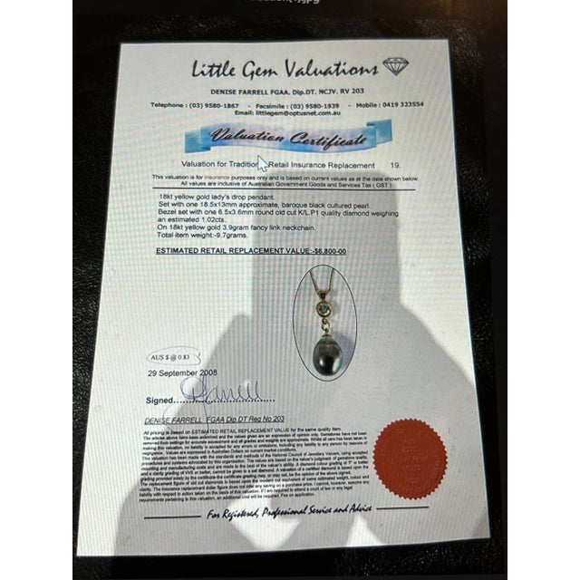 18ct Yellow Gold Baroque Black Cultured Pearl and Diamond Drop Pendant Necklace 1.02ct For Sale - Image 6 of 6