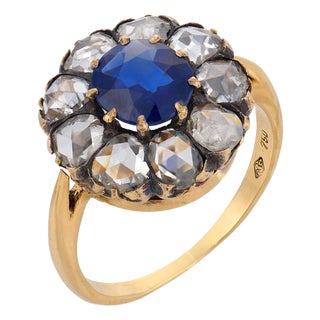 Late 19th Century Victorian Gia 1.10 Carat No Heat Sapphire Diamond 18k Yellow Gold Ring, , Size 7. 25 For Sale