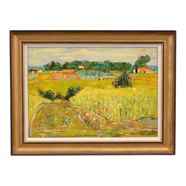 Signed Andre Vignoles Framed Landscape Farm Painting For Sale