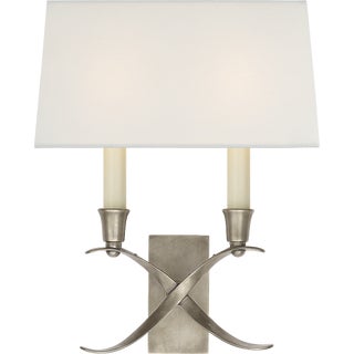 Chapman & Myers for Visual Comfort Signature Cross Bouillotte Small Sconce in Antique Nickel with Linen Shade For Sale