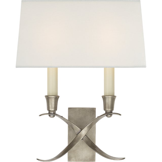 Chapman & Myers for Visual Comfort Signature Cross Bouillotte Small Sconce in Antique Nickel with Linen Shade For Sale