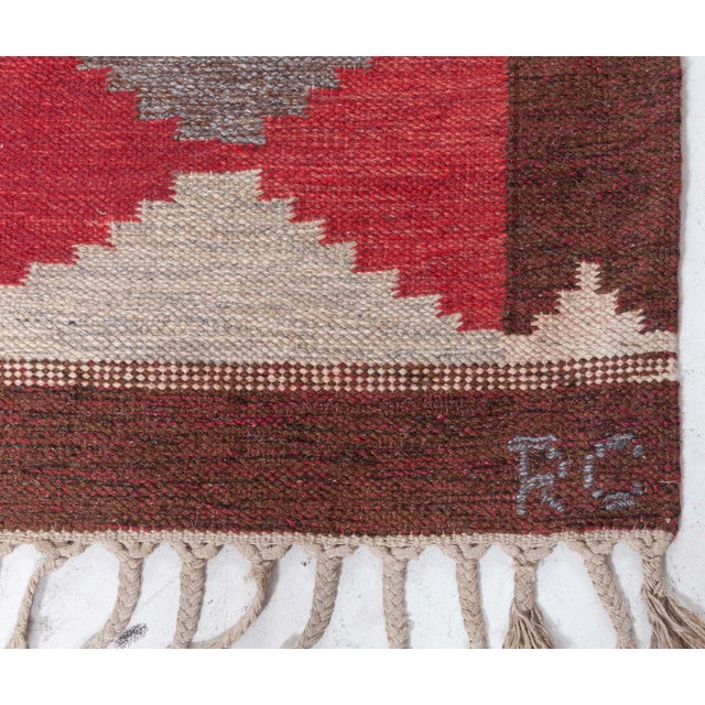 Striking Swedish Geometry: A Vintage Flat-Weave by Rakel Carlander Size: 5'7" × 7'7" (170 × 231 cm) Color: Beige, Brown,...