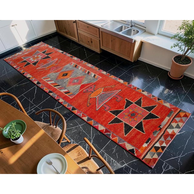 3x10 Ft Vintage Hand-Knotted Tribal Hallway Decor Ancient Alien Motif Rug for Hallway Kitchen Decor Turkish Rug Runner For Sale - Image 4 of 15