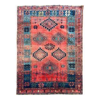 Antique C. 1939 Caucasian Kazak Rusty Watermelon, Glacier Blue Rug 4.2 x 6.6 For Sale
