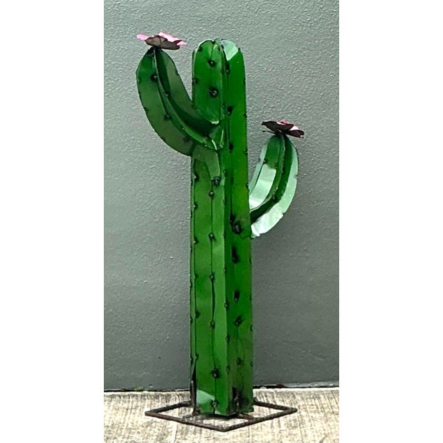 Green Vintage Torched Metal Cut Cactus For Sale - Image 8 of 12