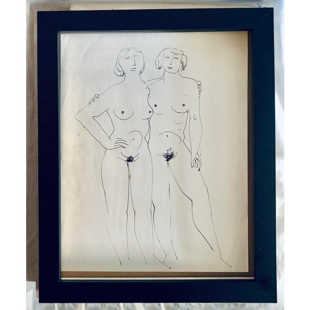 Vintage ink drawing or print of 2 female nudes. Measuring 13.75” high X 10.75” wide. This drawing has a similarity to the...