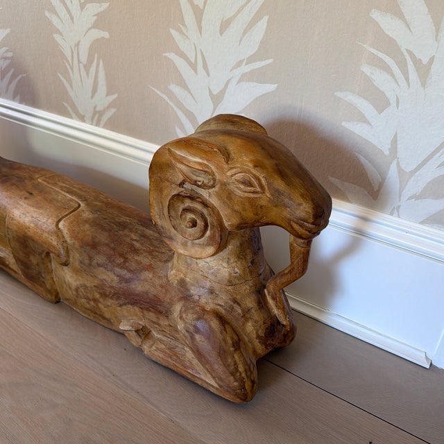 Vintage Hand Carved Wooden Double Headed Ram Sculpture For Sale - Image 4 of 10
