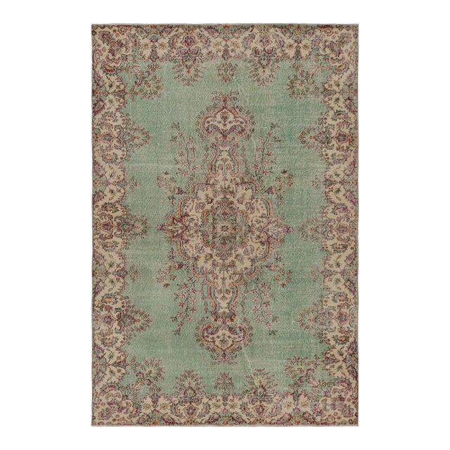 Vintage Turkish Rug in Green With Beige Floral Medallion, From Rug & Kilim For Sale