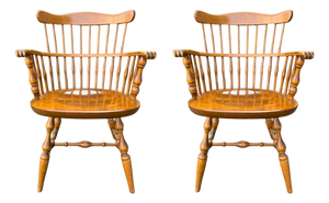 Vintage Ethan Allen Heirloom Maple Nutmeg Comb‑Back Windsor Arm Chairs – Pair