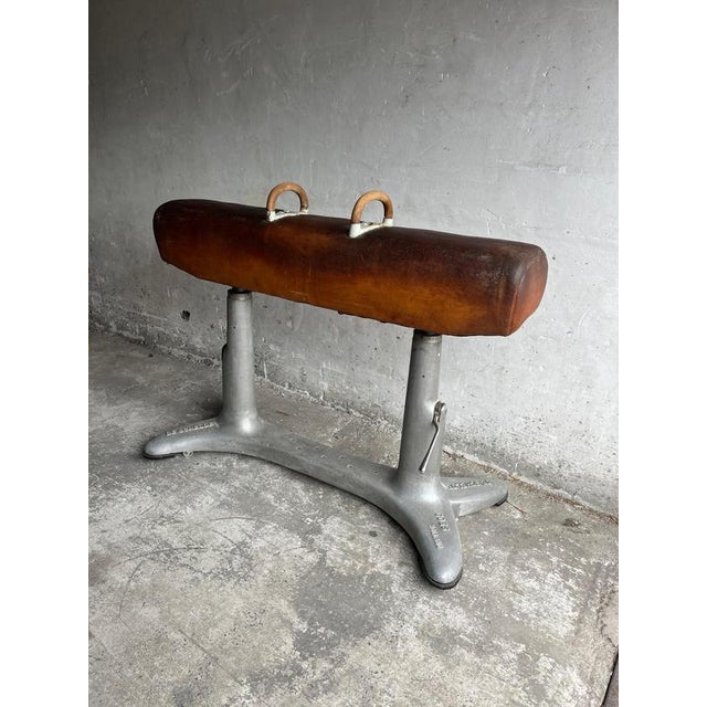 Rare industrial gym pommel horse produced by de schelde in goes, holland. An authentic mid-20th-century piece of...