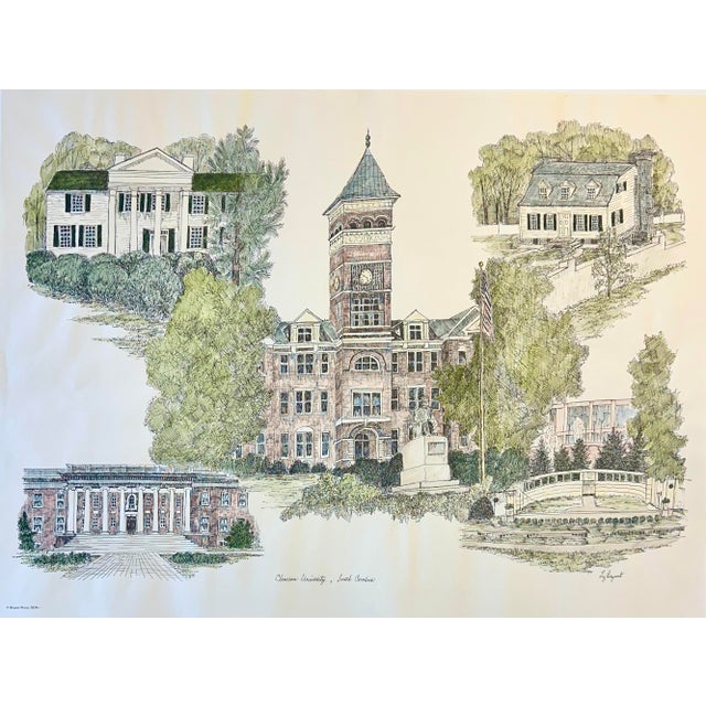 1980s Clemson University Campus Print by Liz Bryant – Hand-Colored Architectural Illustration, 24” X 18” For Sale