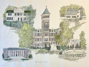 1980s Clemson University Campus Print by Liz Bryant – Hand-Colored Architectural Illustration, 24” X 18”