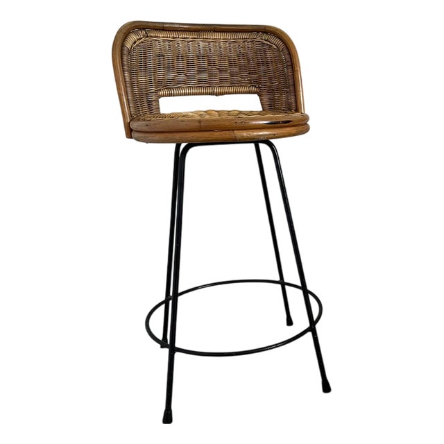 Wicker Stools with Black Wrought Iron Legs, Set of 2 For Sale