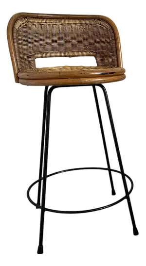 Wicker Stools with Black Wrought Iron Legs, Set of 2