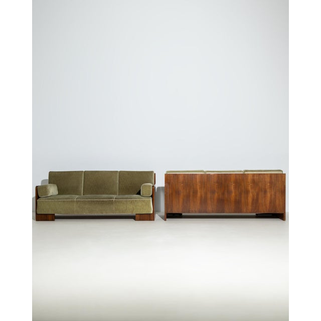 1930-1939 France Deep Olive Green Pair Of Upholstered Sofas For Sale In Greensboro - Image 6 of 10