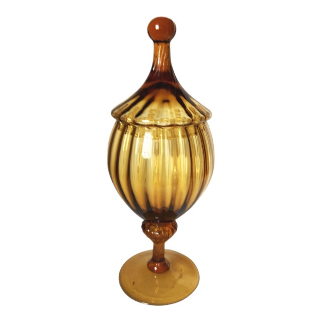 Vintage Empoli Amber Glass Italy Ribbed Art Glass Apothecary Candy Jar 60s 70s For Sale