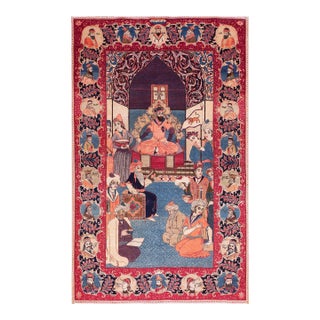 1940s Colorful Antique Persian Pictorial Kashan "Mashahir" Carpet 4'4" X 7 Handknotted Wool Rug For Sale