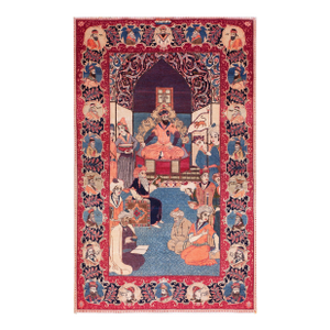 1940s Colorful Antique Persian Pictorial Kashan "Mashahir" Carpet 4'4" X 7 Handknotted Wool Rug