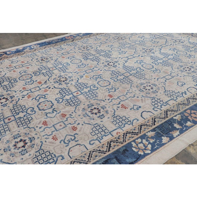 Rug & Kilim Oversized Antique Chinese Rug With Blue & Ivory Floral Lattice - Rug & Kilim For Sale - Image 4 of 7