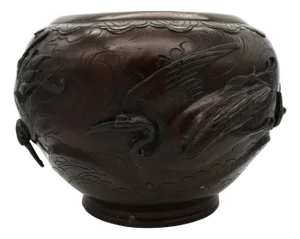 Large Japanese Meiji Bronze Planter with High Relief Cranes, 1890s