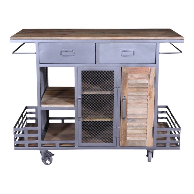 Industrial Mango Wood & Iron Rolling Bar Cart For Sale