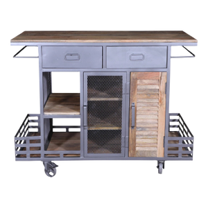 Industrial Mango Wood & Iron Rolling Bar Cart