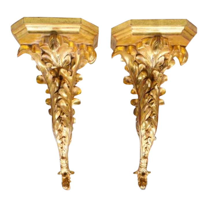 Late 20th Century Rococo Carved Wood & 23k Gilt Wall Brackets, Corbels ...