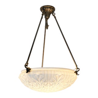 Antique Art Deco Satin Glass Pendant Light With Cast Brass Three-Rod Suspension For Sale