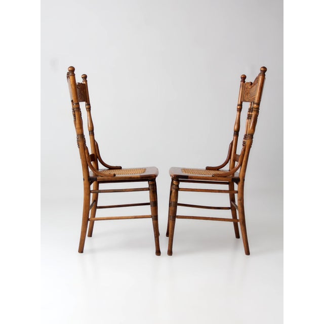 Antique Victorian Pressed Back Cane Seat Chairs Pair For Sale - Image 10 of 17