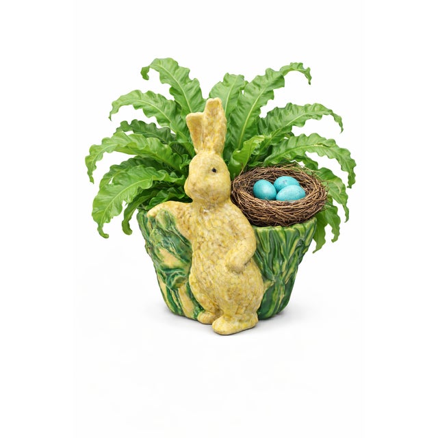 Vintage Majolica-Style Easter Bunny With Cabbage – Green & Cream Crackle Glazed Ceramic Rabbit, Cottage Garden Decor For Sale - Image 9 of 9