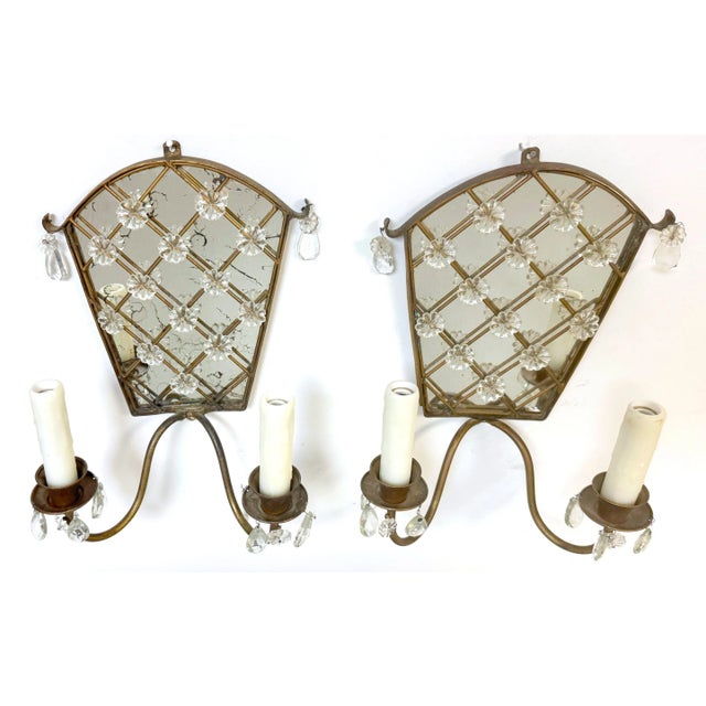 Modern Baguès Mirrored Brass Pagoda Trellis 2-Light Wall Sconces, France, C 1950s - a Pair For Sale - Image 3 of 7