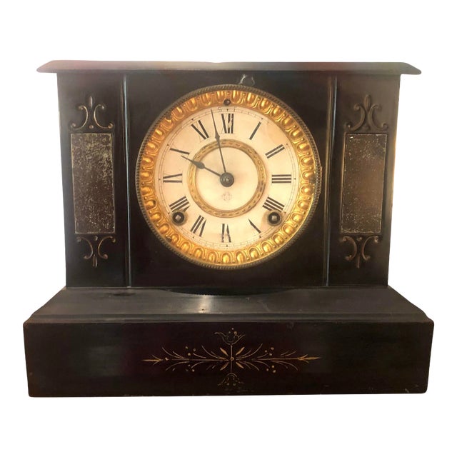 Vintage Heavy Wood and Metal Mantle Clock For Sale