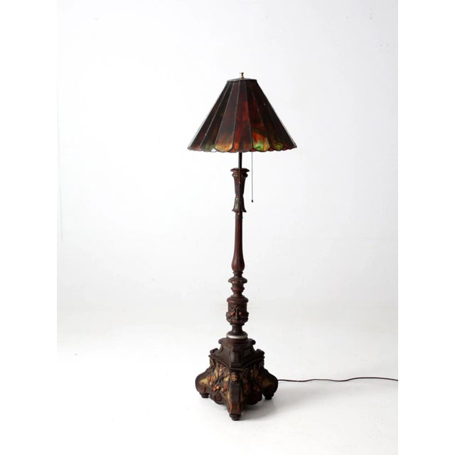 Antique Carved Wood Floor Lamp With Glass Shade For Sale - Image 4 of 11