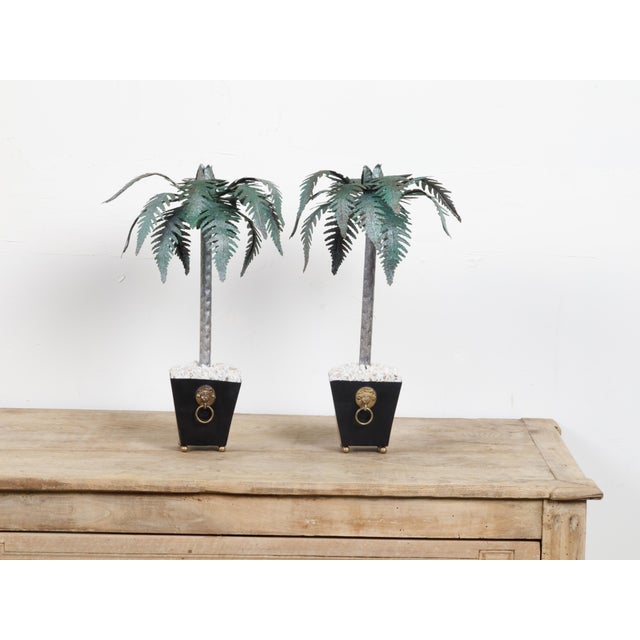 Metal Pair of French Midcentury Palm Tree Sculptures in Black Tapering Pots For Sale - Image 7 of 10