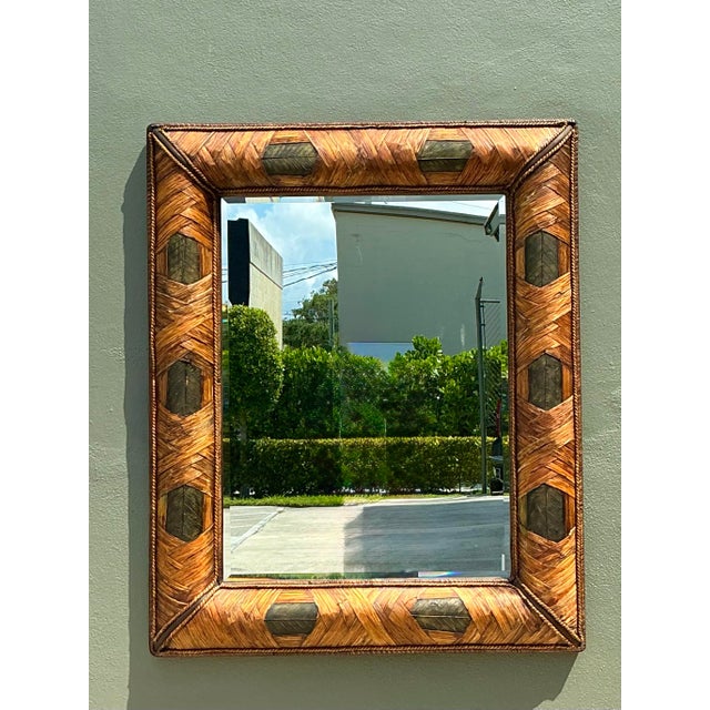 Sienna Vintage Wrapped Rattan Brass Leaf Mirror For Sale - Image 8 of 12